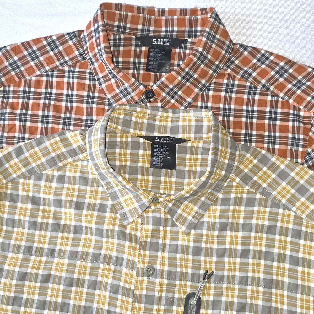 Lot 2 5.11 Tactical Men Yelllow Orange Short Sleeve Plaid Button Shirts Medium